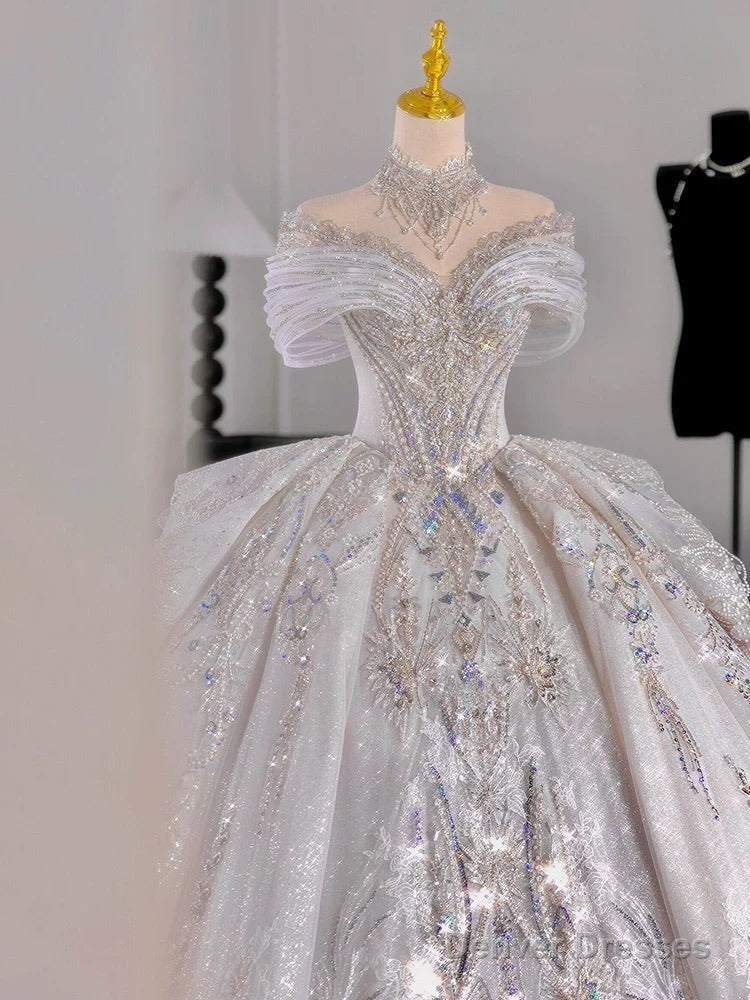 Luxury Ball Gown Off The Shoulder Short Sleeves Sequin White Wedding Dresses Brides Dress Secondary image
