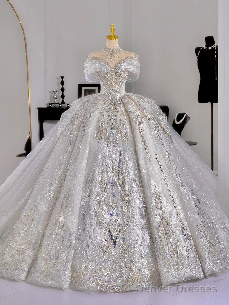 Luxury Ball Gown Off The Shoulder Short Sleeves Sequin White Wedding Dresses Brides Dress Main image