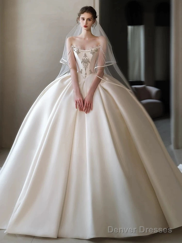 Luxury Ball Gown Strapless Sleeveless Satin White Wedding Dresses Brides Dress