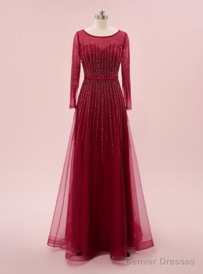 Luxury Burgundy Tulle Long Sleeve Beading Sequins Prom Dress Main image
