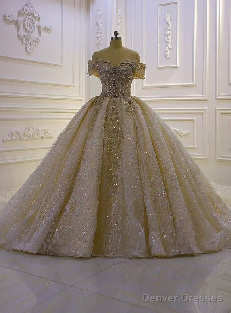 Luxury Champagne Tulle Sequins Off the Shoulder Beading Wedding Dress Main image