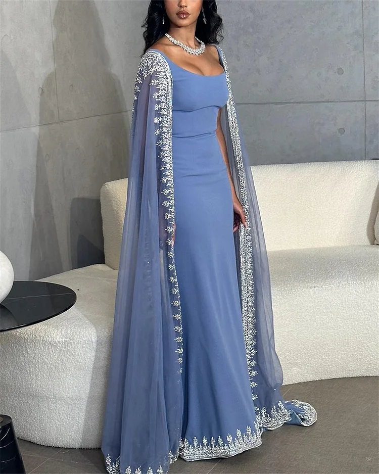 Vintage Dusty Blue Mermaid Evening Dress Applique Beaded Prom Dress Unique Cape Design Long Party Dress Secondary image