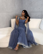 Vintage Dusty Blue Mermaid Evening Dress Applique Beaded Prom Dress Unique Cape Design Long Party Dress