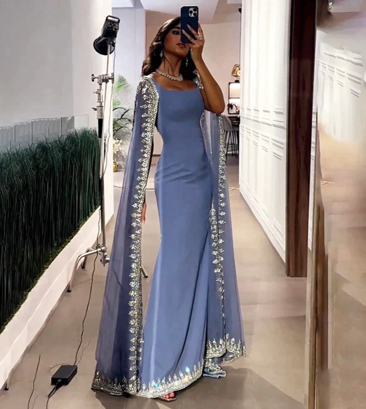 Vintage Dusty Blue Mermaid Evening Dress Applique Beaded Prom Dress Unique Cape Design Long Party Dress Main image