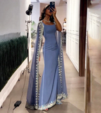 Vintage Dusty Blue Mermaid Evening Dress Applique Beaded Prom Dress Unique Cape Design Long Party Dress