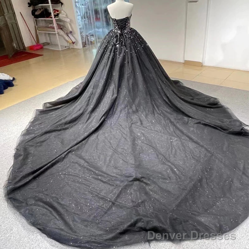 Luxury  Crystals Black Wedding Dresses Gothic Sweetheart Tulle Quince Dress Secondary image