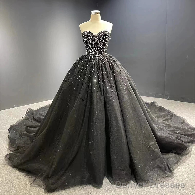 Luxury  Crystals Black Wedding Dresses Gothic Sweetheart Tulle Quince Dress Main image