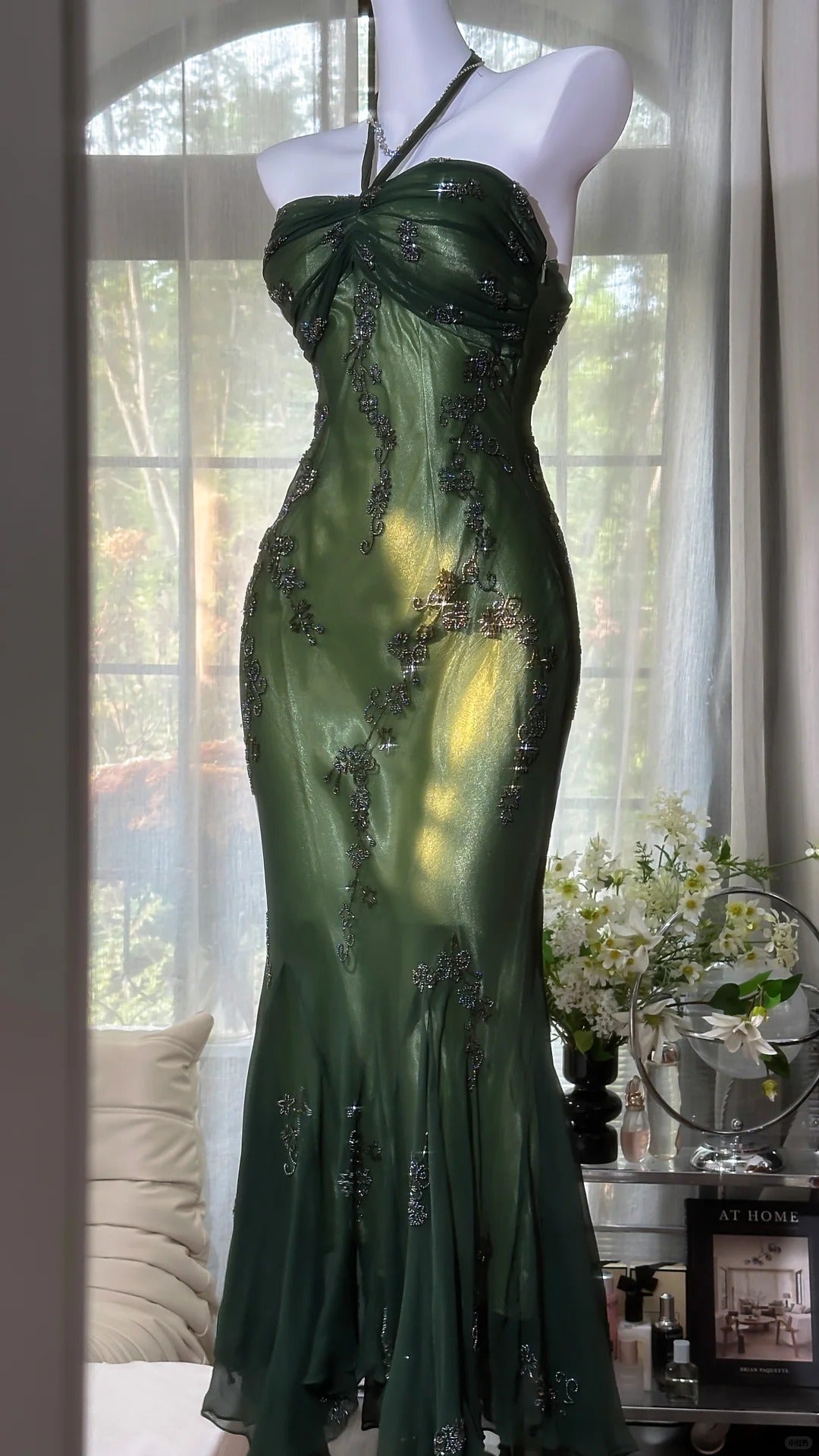 Luxury Dark Green Mermaid Bead Embroidered Chiffon Long Prom Dress Evening Dress Main image