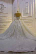 Luxury Long Ball Gown Lace Appliques Wedding Dress with Sleeves