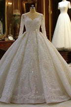 Luxury Long Ball Gown Lace Appliques Wedding Dress with Sleeves