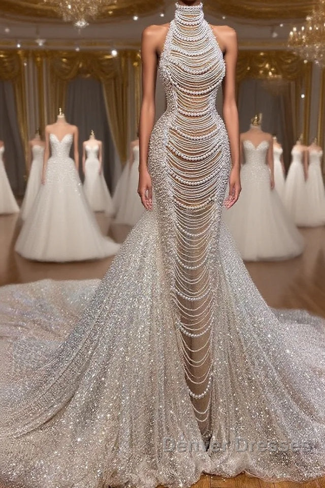 Luxury Long Mermaid Halter Beading Sleeveless Wedding Dress With Pearls
