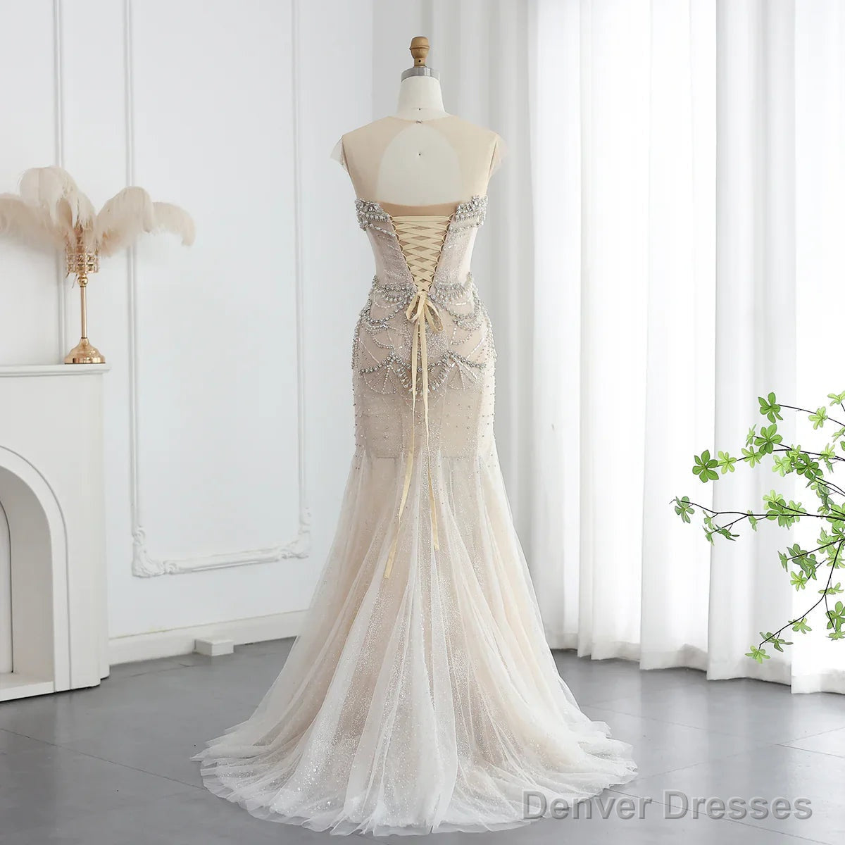Luxury Mermaid Crystal Pearls Nude Tulle Long Prom Dress Secondary image