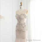 Luxury Mermaid Crystal Pearls Nude Tulle Long Prom Dress