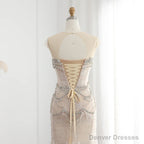 Luxury Mermaid Crystal Pearls Nude Tulle Long Prom Dress