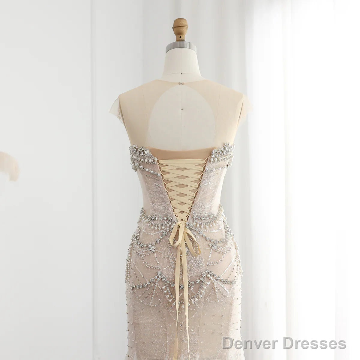 Luxury Mermaid Crystal Pearls Nude Tulle Long Prom Dress