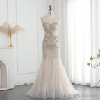 Luxury Mermaid Crystal Pearls Nude Tulle Long Prom Dress