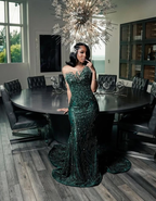 Luxury One Shoulder Satin Beaded Evening Dress Emerald Green Mermaid Prom Dress