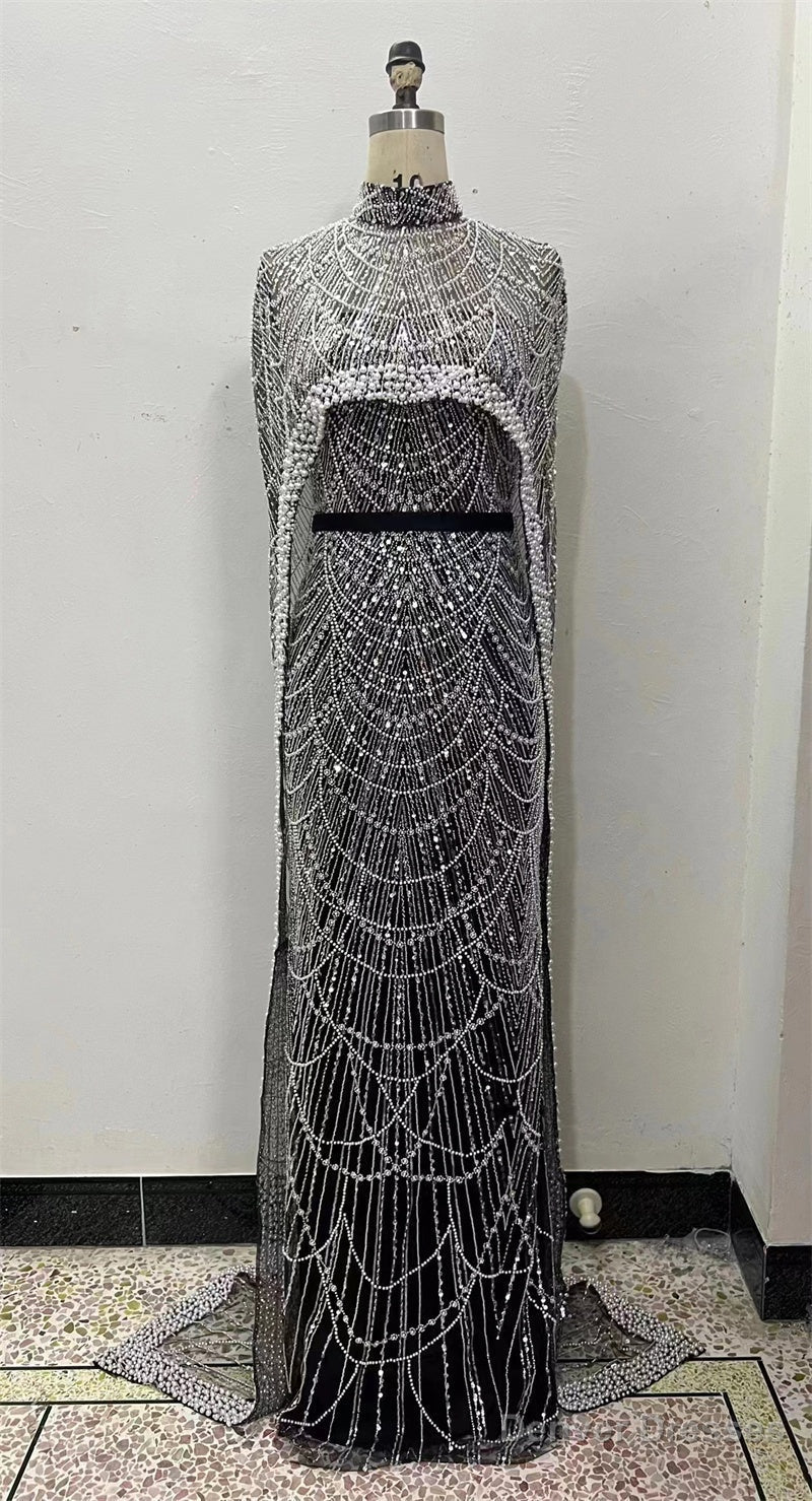 Luxury Pearls Beading Prom Dresses Sweep Train High Neck Zipper Sleeveless Evening Dresses Secondary image