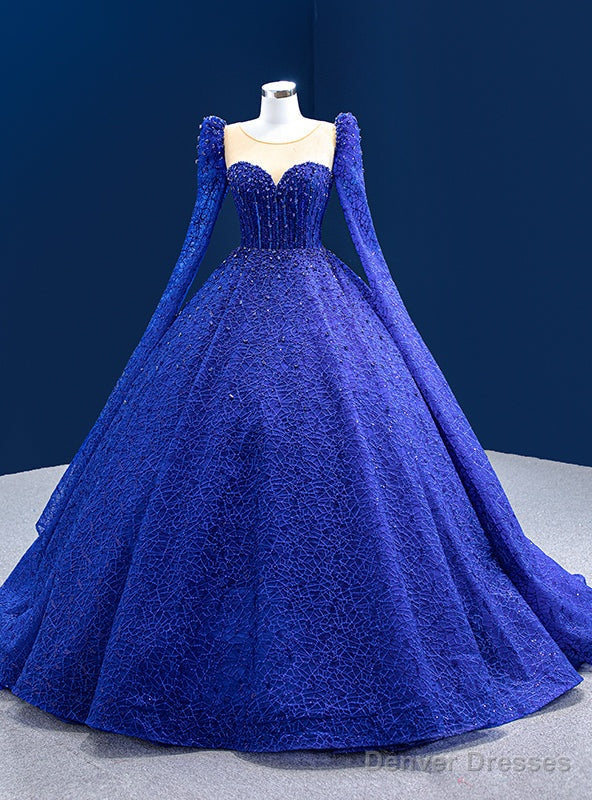 Luxury Royal Blue Long Sleeve Beading Prom Dress Main image