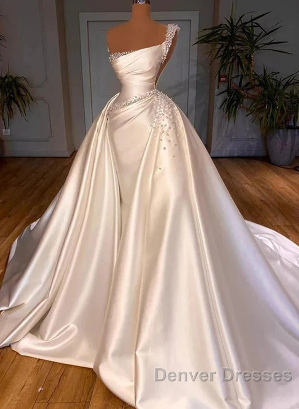 Luxury Satin Wedding Dress Beaded One Shoulder Bridal Dress With Panel Train Floor Length Elegant Secondary image