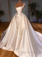 Luxury Satin Wedding Dress Beaded One Shoulder Bridal Dress With Panel Train Floor Length Elegant