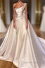 Luxury Satin Wedding Dress Beaded One Shoulder Bridal Dress With Panel Train Floor Length Elegant