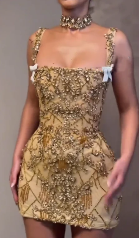 Luxury Sheath Square Neck Gold Short Formal Grade Homecoming Dress Gold Cocktail Dress