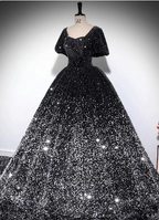 Luxury Shiny Black-Silver Gradient A-Line Short Sleeve Sequin Long Prom Dress Evening Dress