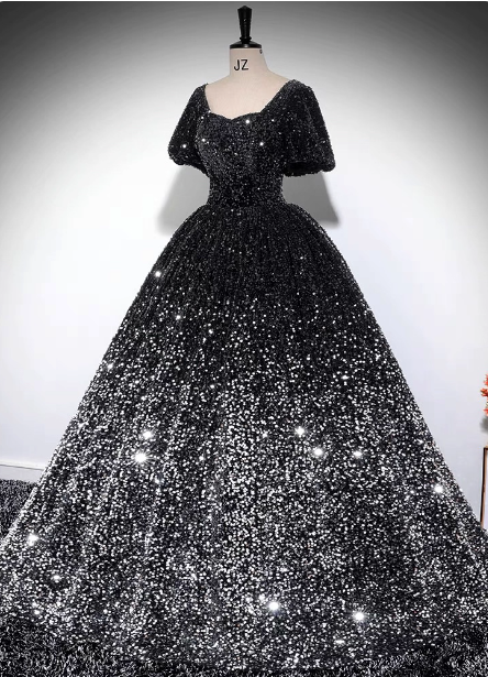 Luxury Shiny Black-Silver Gradient A-Line Short Sleeve Sequin Long Prom Dress Evening Dress