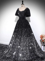Luxury Shiny Black-Silver Gradient A-Line Short Sleeve Sequin Long Prom Dress Evening Dress