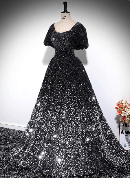 Luxury Shiny Black-Silver Gradient A-Line Short Sleeve Sequin Long Prom Dress Evening Dress