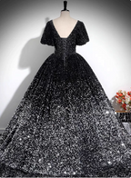 Luxury Shiny Black-Silver Gradient A-Line Short Sleeve Sequin Long Prom Dress Evening Dress