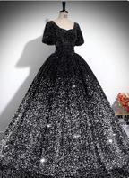 Luxury Shiny Black-Silver Gradient A-Line Short Sleeve Sequin Long Prom Dress Evening Dress