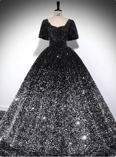 Luxury Shiny Black-Silver Gradient A-Line Short Sleeve Sequin Long Prom Dress Evening Dress Main image