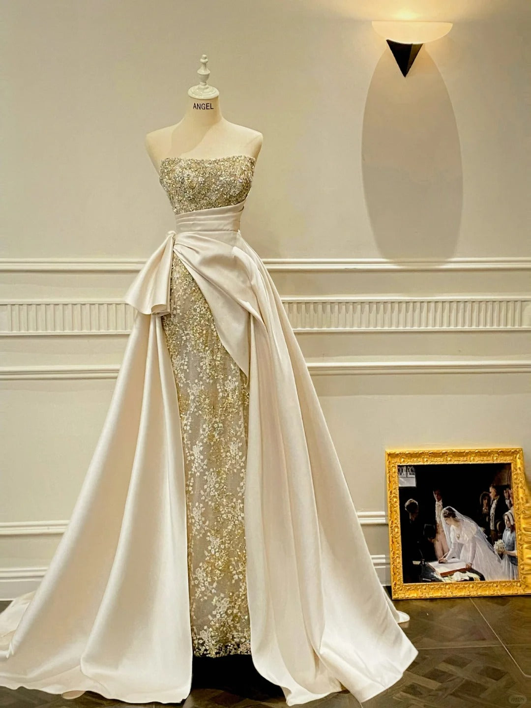 Luxury Slim-Fit Strapless Lace Satin Train Prom Dress Evening Dress Wedding Dress Secondary image