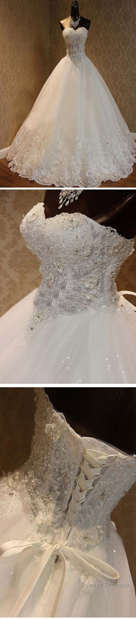Luxury Sweetheart Rhinestone Beaded White Lace Wedding Dresses, Tulle Bridal Gown, Secondary image