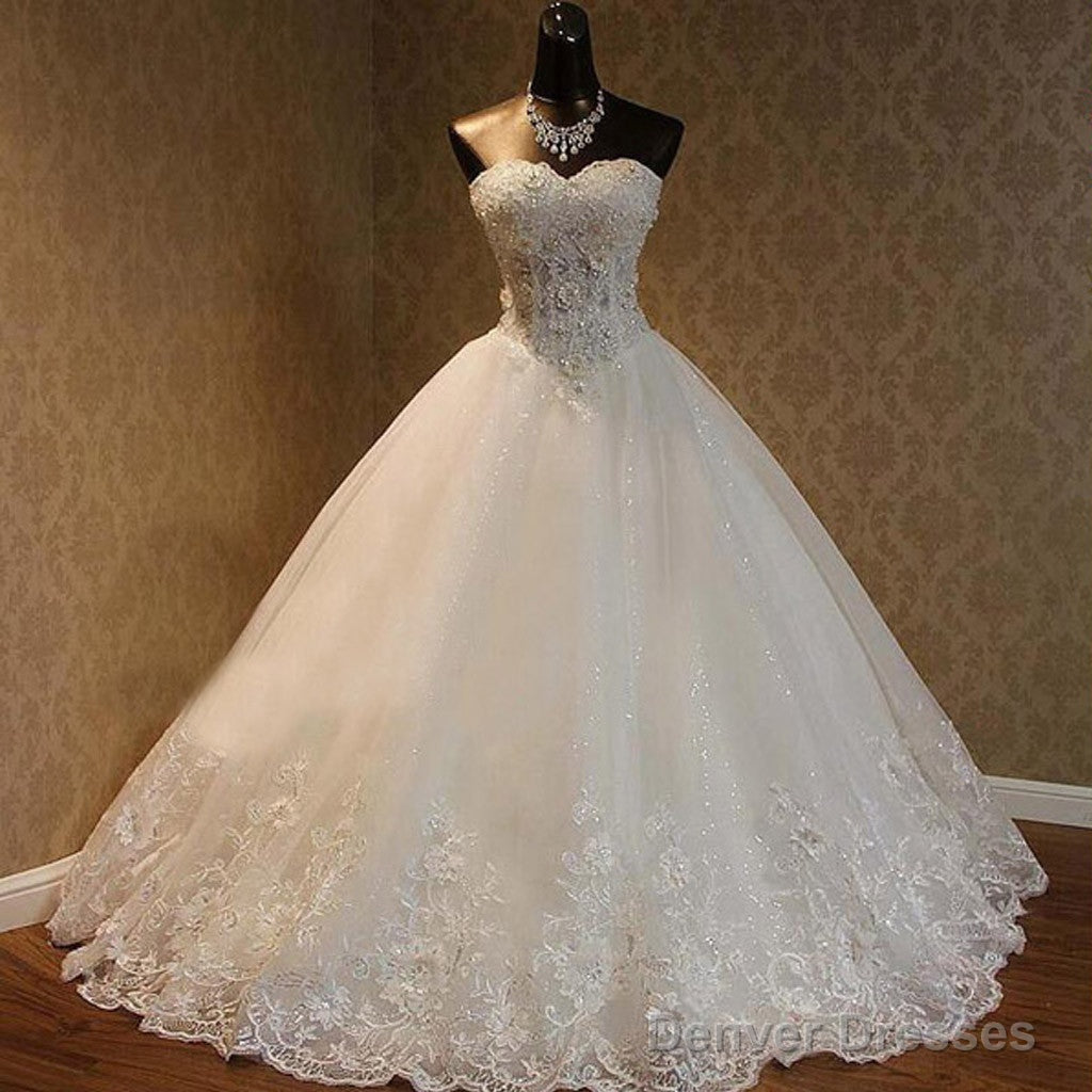 Luxury Sweetheart Rhinestone Beaded White Lace Wedding Dresses, Tulle Bridal Gown, Main image