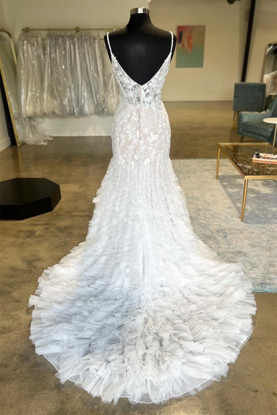 Luxury Sweetheart Sleeveless Mermaid Wedding Dresses Spaghetti-Straps Appliques Lace Open Back With Ruffles Secondary image