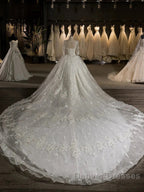 Luxury V-Neck Half Sleeves Tulle Applique With Beading Cathedral Train Ball Gown Wedding Dress