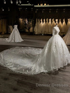 Luxury V-Neck Half Sleeves Tulle Applique With Beading Cathedral Train Ball Gown Wedding Dress