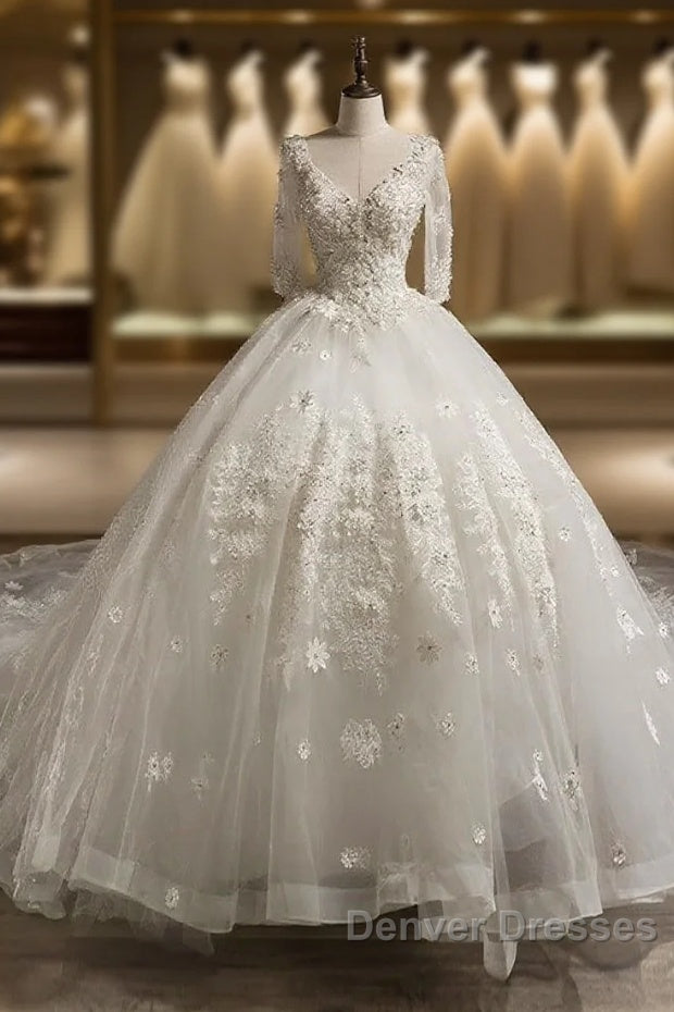 Luxury V-Neck Half Sleeves Tulle Applique With Beading Cathedral Train Ball Gown Wedding Dress