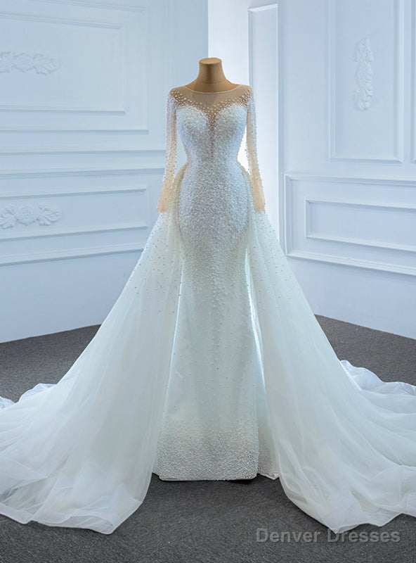 Luxury White Mermaid Tulle Long Sleeve Hand Work Pearls Wedding Dress Main image