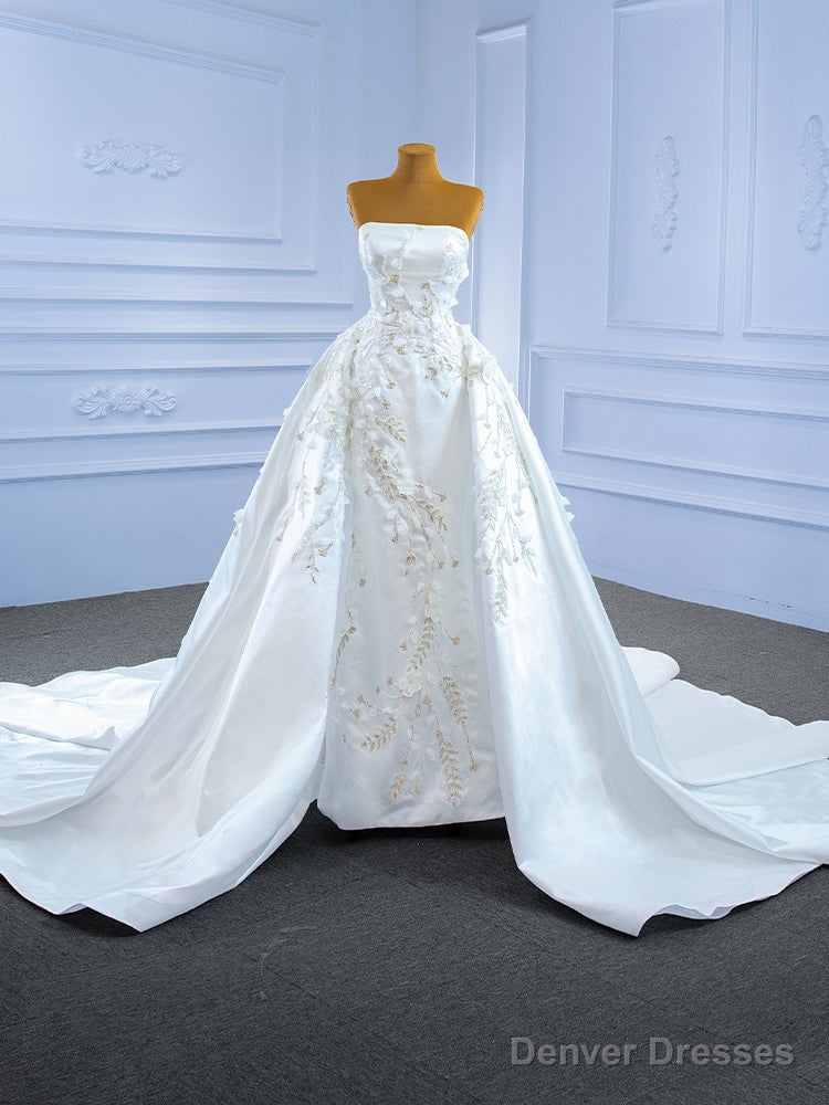 Luxury White Satin Strapless Appliques Beading Wedding Dress Main image