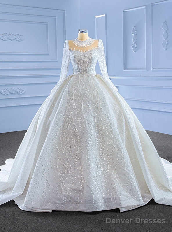 Luxury White Sequins Tulle Long Sleeve Wedding Dress Main image
