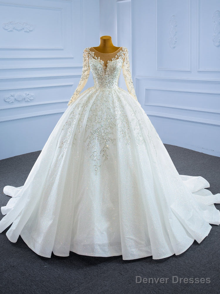Luxury White Tulle Sequins Long Sleeve Beading Wedding Dress Main image