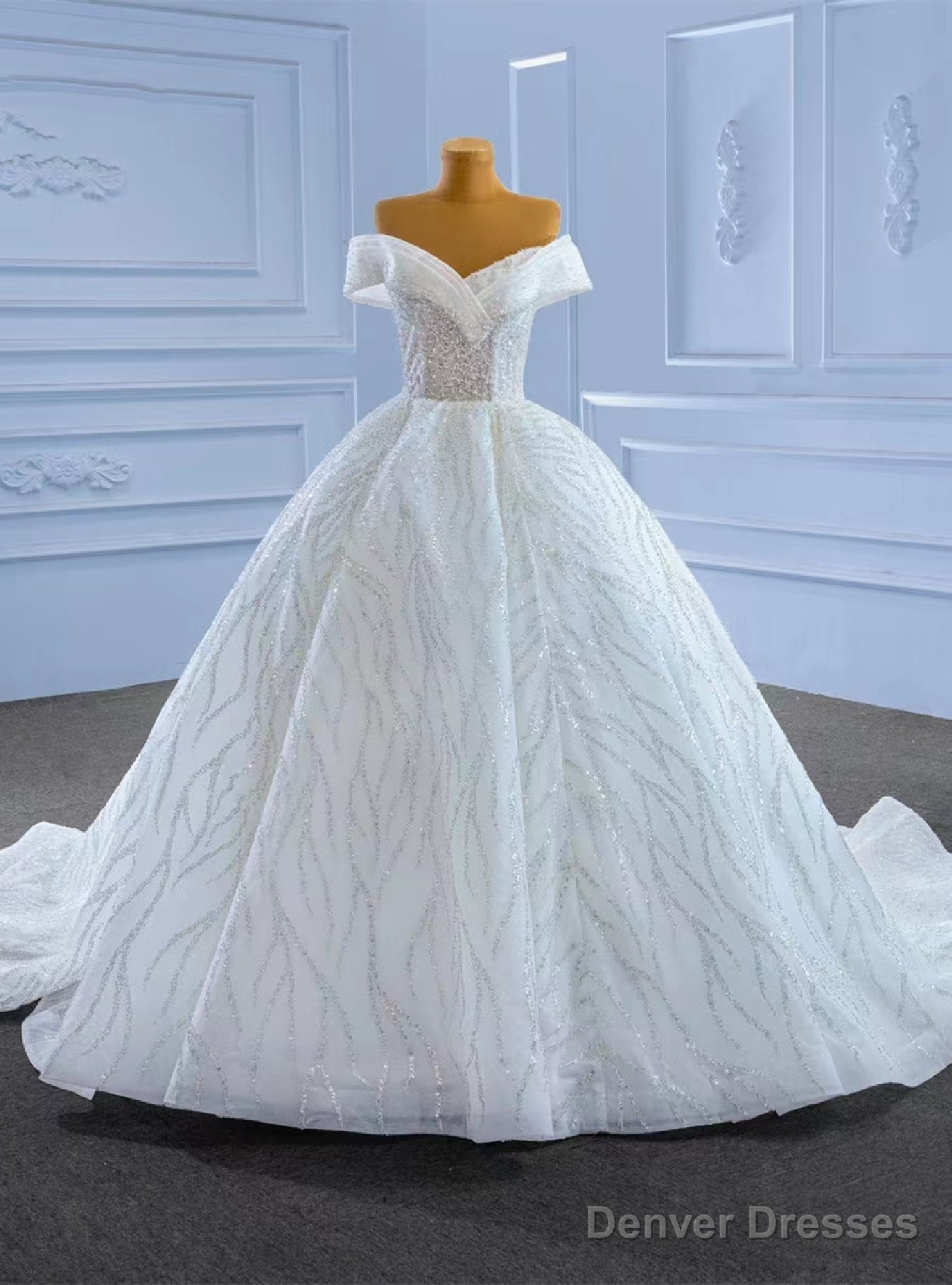 Luxury White Tulle Sequins Off the Shoulder Beading Wedding Dress Main image