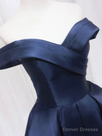 Blue V-neckline Satin Off Shoulder Party Dress, A-Line Blue Short Evening Prom Dress