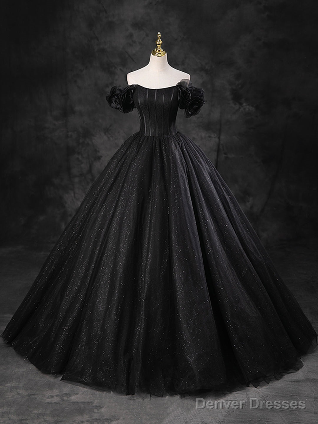 Black Sparkly Tulle Off the Shoulder Long Formal Dress, Elegant A-Line Black Evening Party Dress Main image