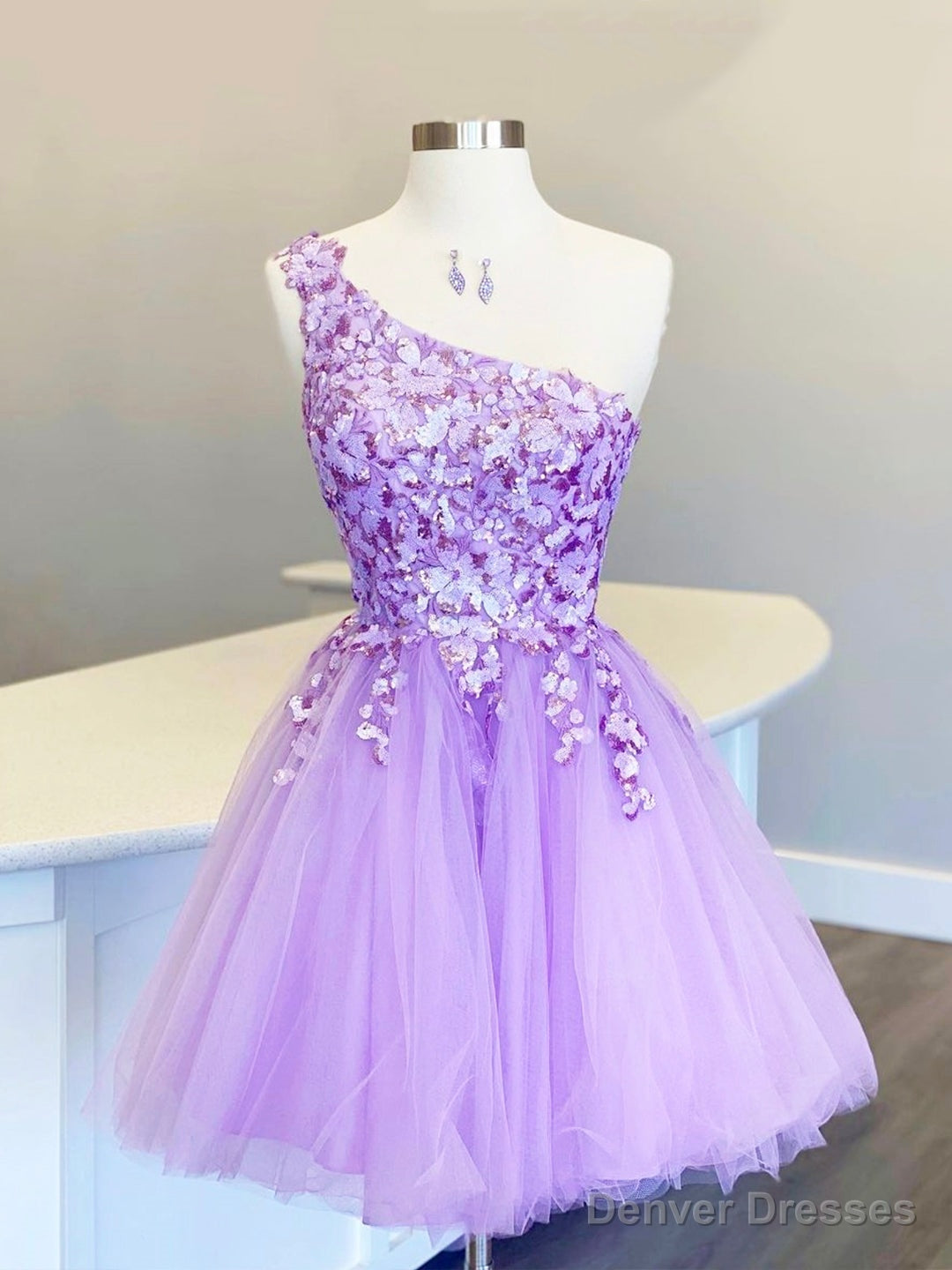 Cute Tulle Sequins Short Prom Dress, Purple One Shoulder Party Dress Main image