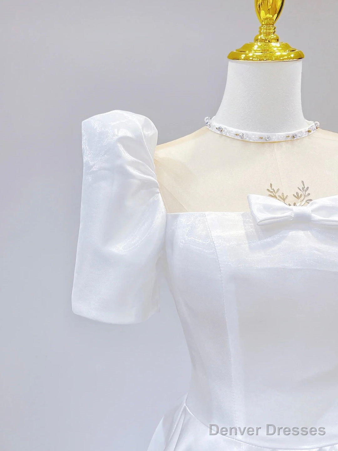 White Satin Short Sleeve Floor Length Prom Dress, White A-Line Party Dress Secondary image